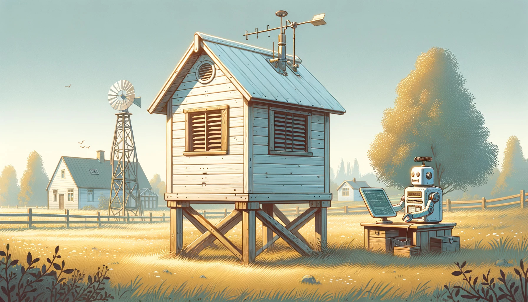 In a rural setting, a soft touched flat illustration portrays a small white wooden meteorological station with vented sides, standing on wooden supports. The station is set in a grassy garden close to a countryside home. An antique robot is occupied with a task nearby.