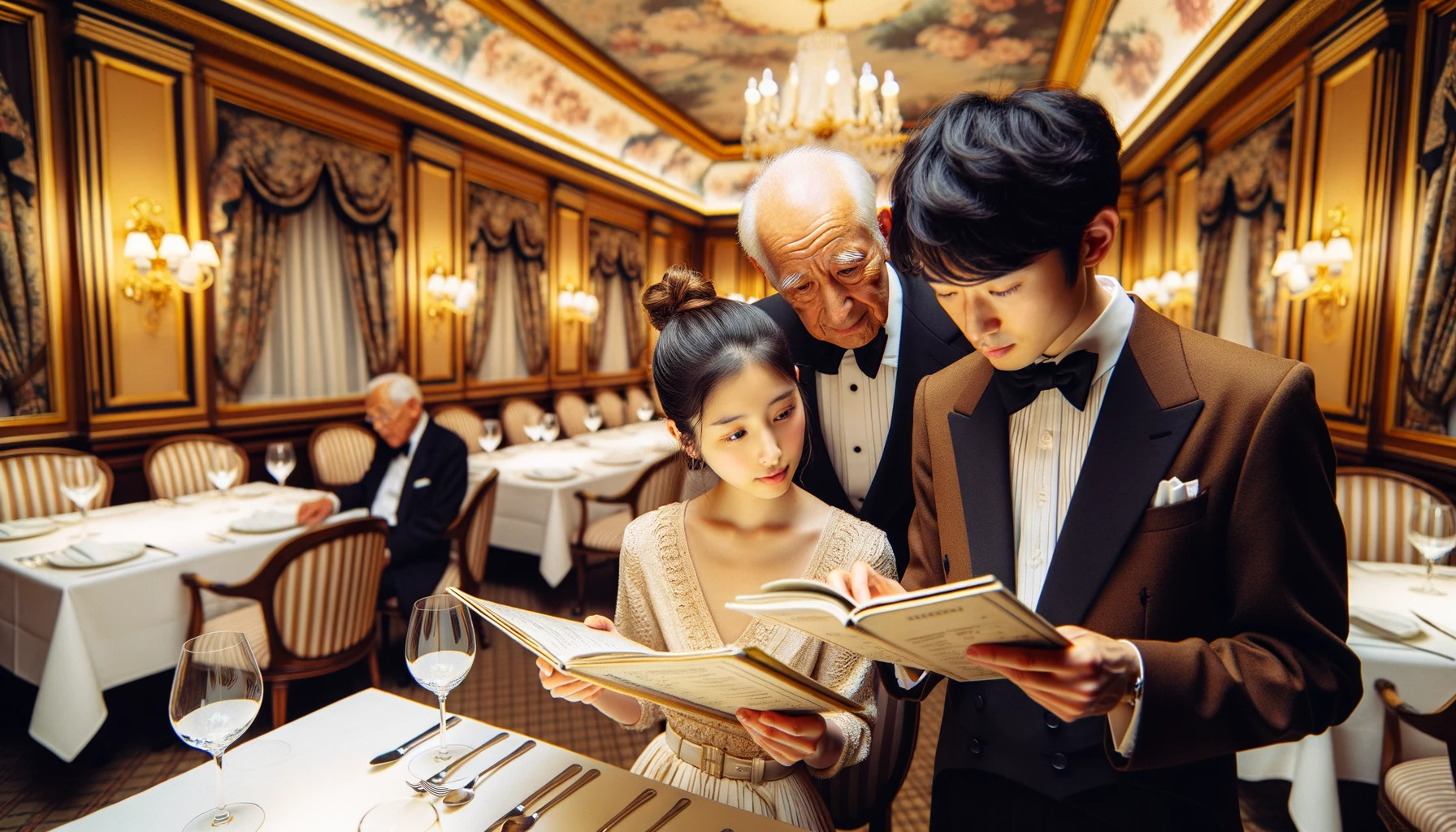 Photo: Inside a Michelin-starred French restaurant with lavish interiors. A young Japanese woman in a classy dress intently reads the menu while a young Japanese man beside her references a dictionary. An elderly waiter in a classic tuxedo stands nearby, patiently watching them with a warm, understanding gaze. The surroundings are quiet with no other customers present. The overall ambiance is warm and inviting.