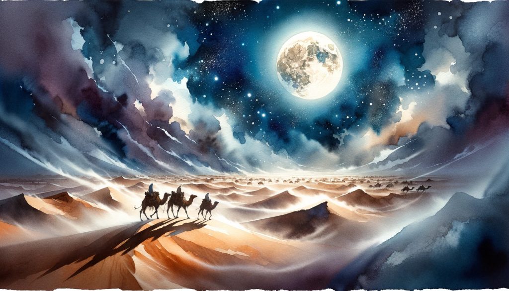 In a dreamlike watercolor scene, an expansive Arabian desert is lit by a radiant full moon. The time is night, and gusty winds sweep up swirling sands. Far off, two figures that appear to be traders trek with multiple camels in tow. The image has a 2:1 aspect ratio.