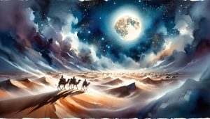 In a dreamlike watercolor scene, an expansive Arabian desert is lit by a radiant full moon. The time is night, and gusty winds sweep up swirling sands. Far off, two figures that appear to be traders trek with multiple camels in tow. The image has a 2:1 aspect ratio.