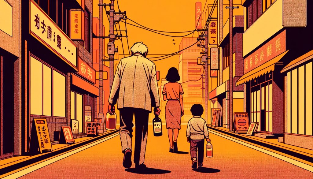 Simple illustration with orange tones capturing an 80s Japanese downtown scene without any text. A slightly drunk man in his 60s walks falteringly away, holding an alcohol bottle, with his back facing us. A mother and child, about 5 meters away, are turned away from the viewer, seemingly looking at the man with worry. The scene is set in the evening of a summer day, approximately 7 pm.