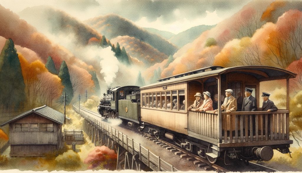 Muted watercolor depiction of rural Japan in autumn. An antique steam train journeys through the foliage-rich mountains. The observation car fills the canvas, featuring an elderly couple enjoying the scenery from a wooden deck. An older conductor in uniform stands beside them.
