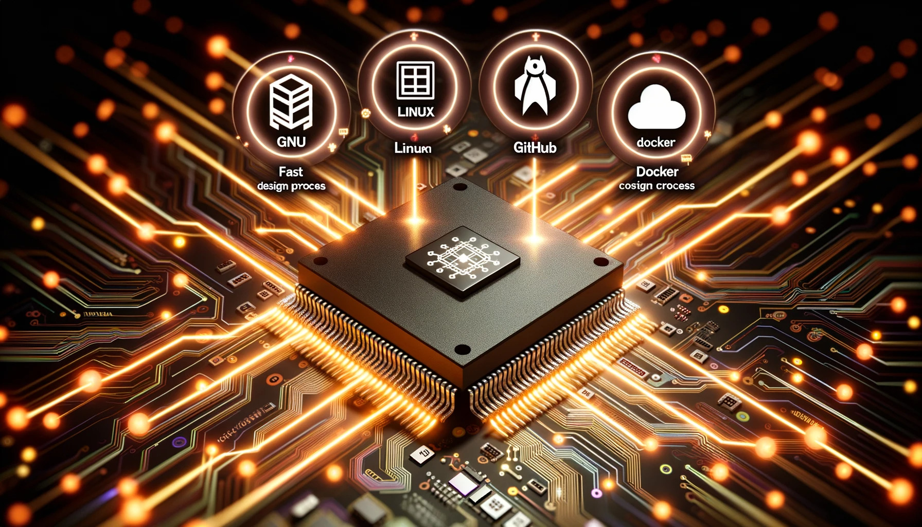 Digital render of an embedded system chip with glowing lines connecting to icons of GNU, Linux, GitHub, and Docker. Around the chip, there are graphics indicating fast design process and cost efficiency. Warm and vibrant colors are used. Aspect ratio 16:9.