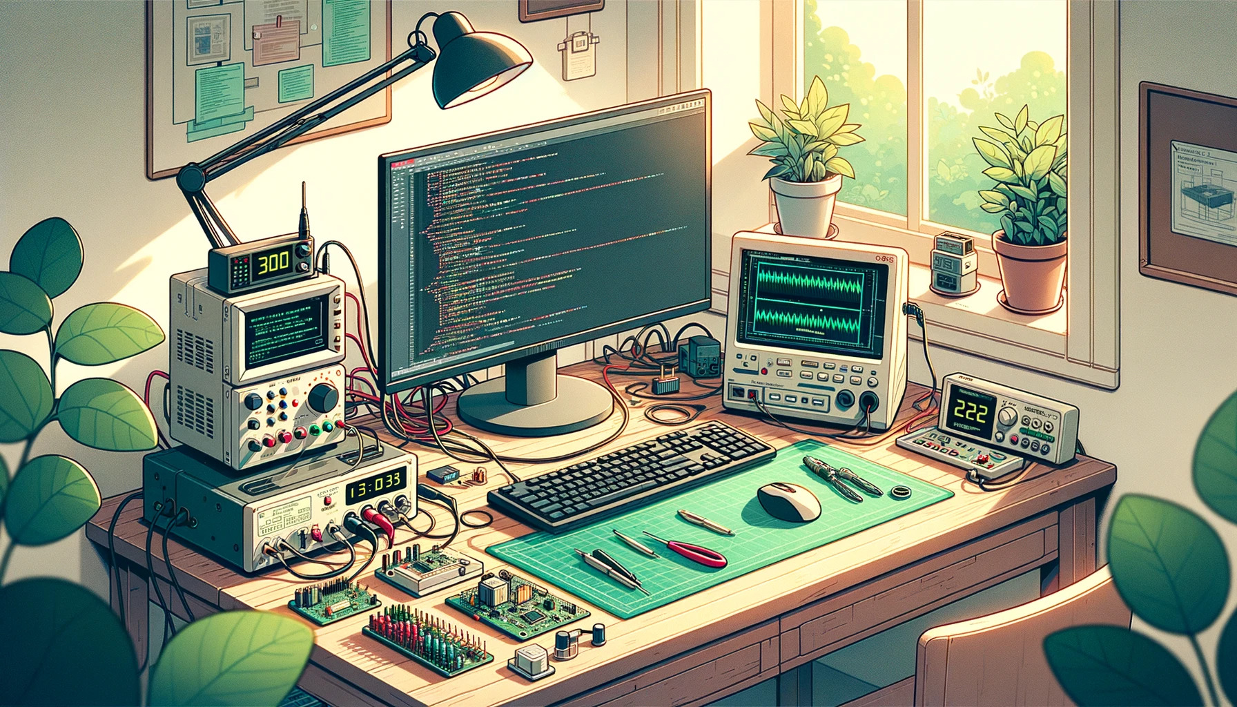 Illustration for a small tech company's website banner. The scene captures a close-up of a tidy electronics workbench in a bright room. A powerful PC setup with dual monitors dominates the desk, one showing coding in progress. Essential gadgets, including an oscilloscope and power source, sit neatly above the screens. The desk's right has a green protective sheet, an electronic board wired to the aforementioned gadgets, and hints of soldering tools. A touch of greenery peeks from a window beside the workbench, contrasting the high-tech environment. The whole image has a soft and warm hue, maintaining a 4:3 aspect ratio.