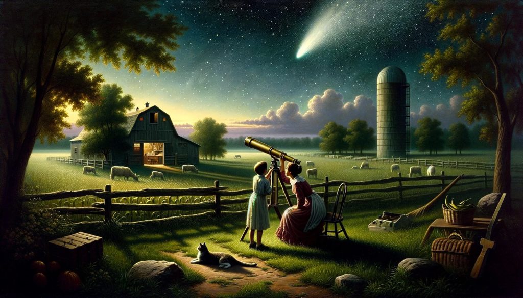 Oil painting reminiscent of the early 1900s in America. A serene countryside night where a mother and her boy are engrossed in observing Halley's Comet through a telescope. The sky above is a blanket of stars. A cat lounges nearby, enjoying the tranquility. Far off, a barn stands with a fence, hinting at livestock resting within.