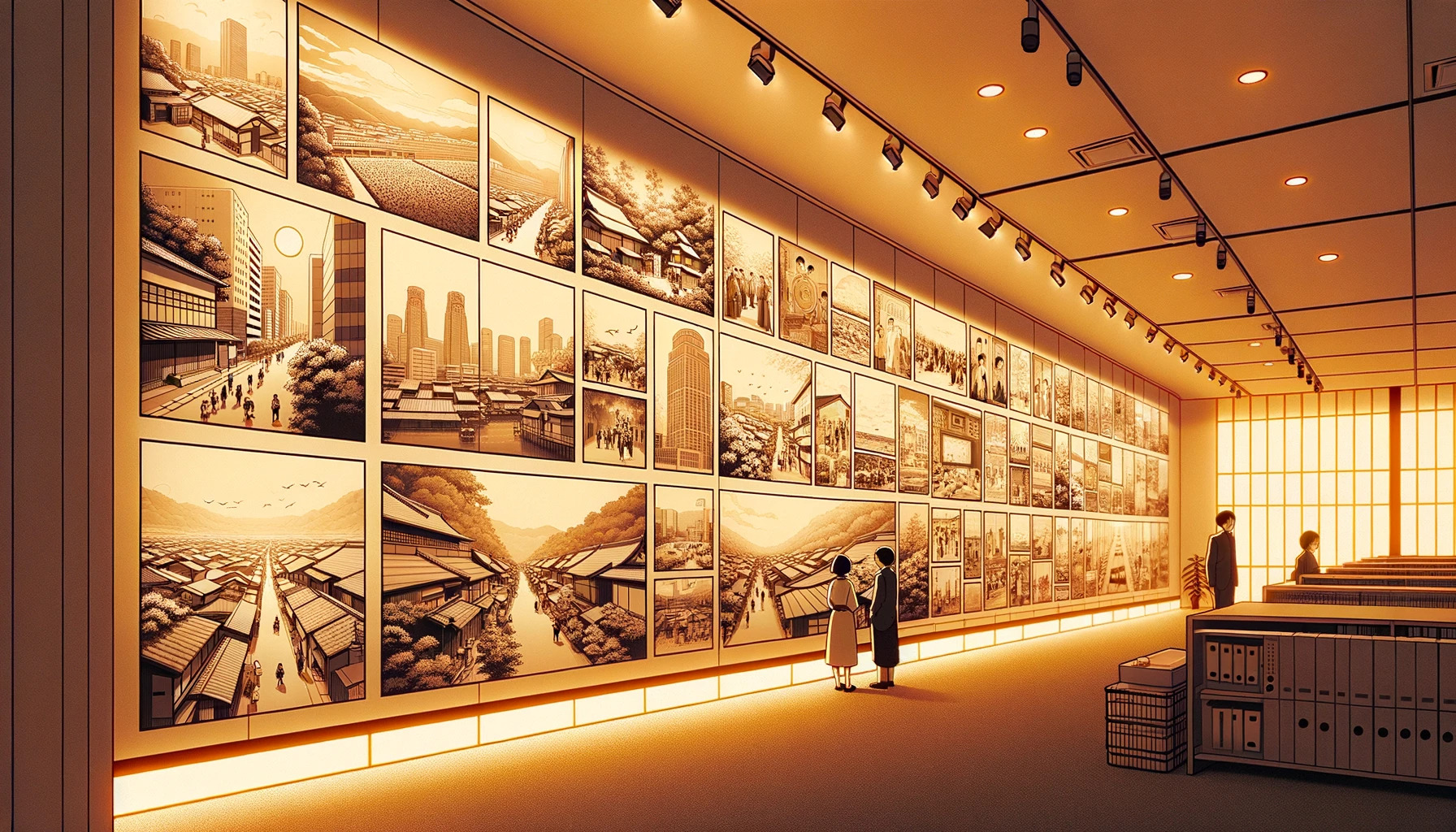 Warm and flat 16:9 illustration showing an expansive wall in an IT company's office space, adorned with monochrome pictures that narrate the history of a suburban Tokyo town.