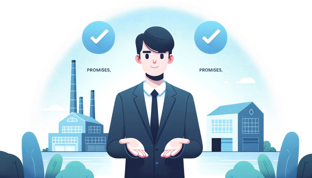 Bright and flat illustration of a 4:3 aspect ratio for an IT company's website. An engineer with dark hair stands in the spotlight, extending three promises to users. The distant view of a small factory is subtly blurred, providing a serene backdrop.
