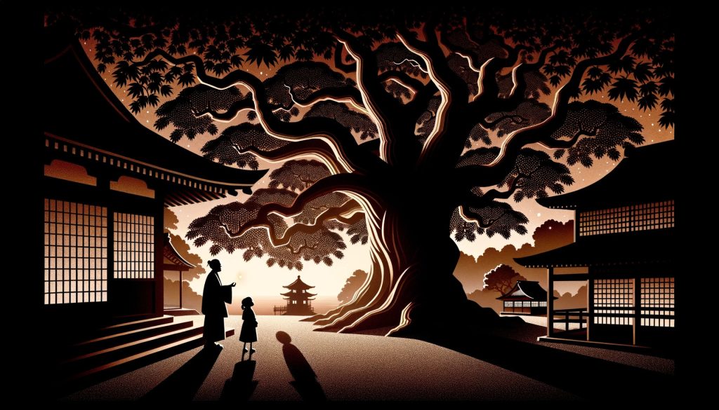 Image crafted to resemble traditional Japanese paper cutting. A countryside temple's courtyard as the sun sets. An elderly man and a young girl observe a majestic chestnut tree. Shadows dominate the scene, making it seem dreamlike. The evening's first star is on the verge of shining. If one looks closely, a faint ghostly figure can be spotted on the right side, watching the father and daughter. Aspect ratio 2:1.