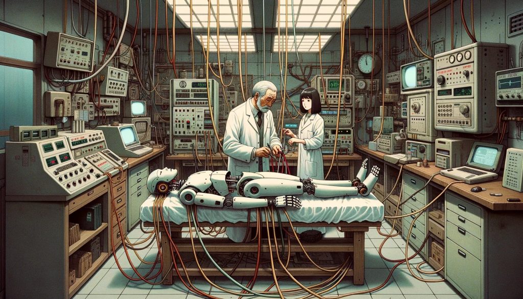 Artwork in the vein of 1970s Japanese anime with flat, faded, and somber color tones. Within a robotics lab with an ambiance of a Western factory, a veteran Japanese researcher in a white lab coat, with a look of deep concern, is working on a robot prototype reclining on a bed. The robot has a hammer in its right hand and a drill in its left, but its legs are missing. Numerous wires stretch from the robot, reaching the ceiling. The surroundings are densely filled with vintage computers and measurement tools. The lab's door is open, revealing a young woman, presumably the researcher's assistant, calling out to him.