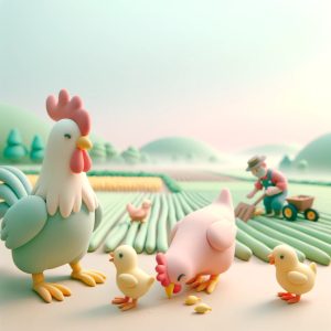 Pastel-colored 3D claymation-style illustration for children. A rooster and a hen are feeding in an open meadow. Three chicks are playing close by. A male farmer is visible in the mid-distance, slightly blurred, as he works in his field. The distant landscape of the meadow is hazily depicted.