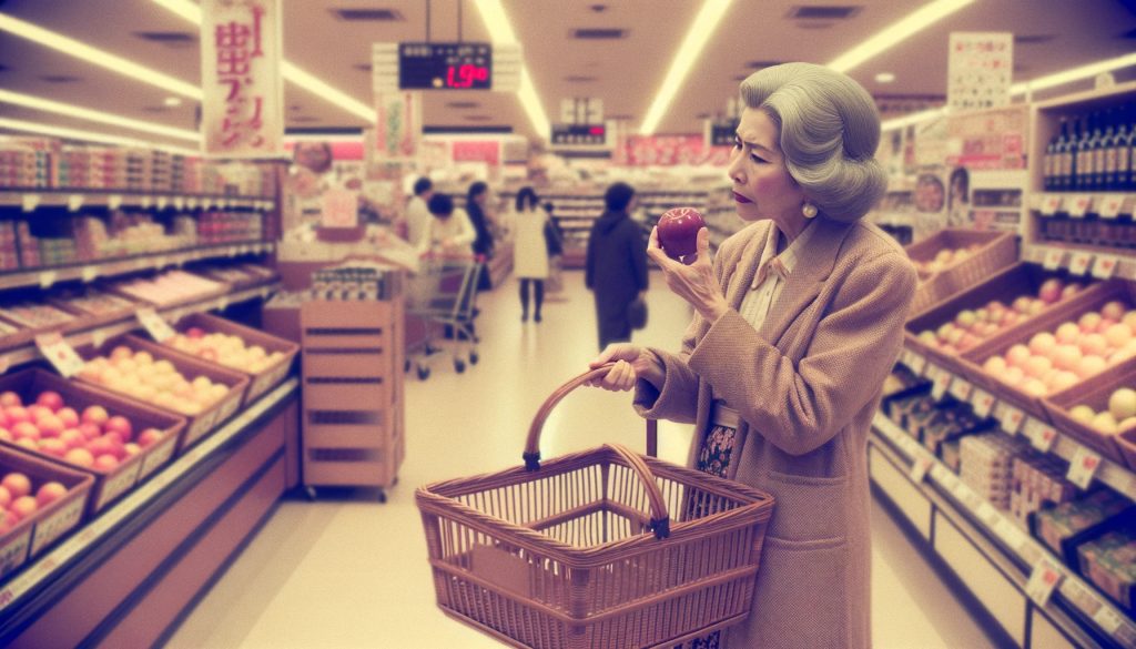 Old-fashioned photo effect without text. In a supermarket reminiscent of 1980s Japan, a lady, approximately in her 50s, with a shopping basket, is contemplating over an apple. The scene is busy with the hustle and bustle of shoppers and employees during the evening.