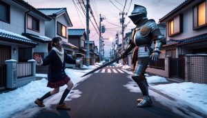 In a suburban Japanese neighborhood during a winter evening, a young girl is facing a medieval European knight in full armor. The knight, holding a sword in his right hand, appears suddenly, causing the girl to react with surprise and an attempt to flee. The girl's expression and posture convey her shock and urge to escape from this surreal encounter. The scene is set against the modern backdrop of the neighborhood, with the fading light of dusk adding to the dramatic and unexpected juxtaposition.