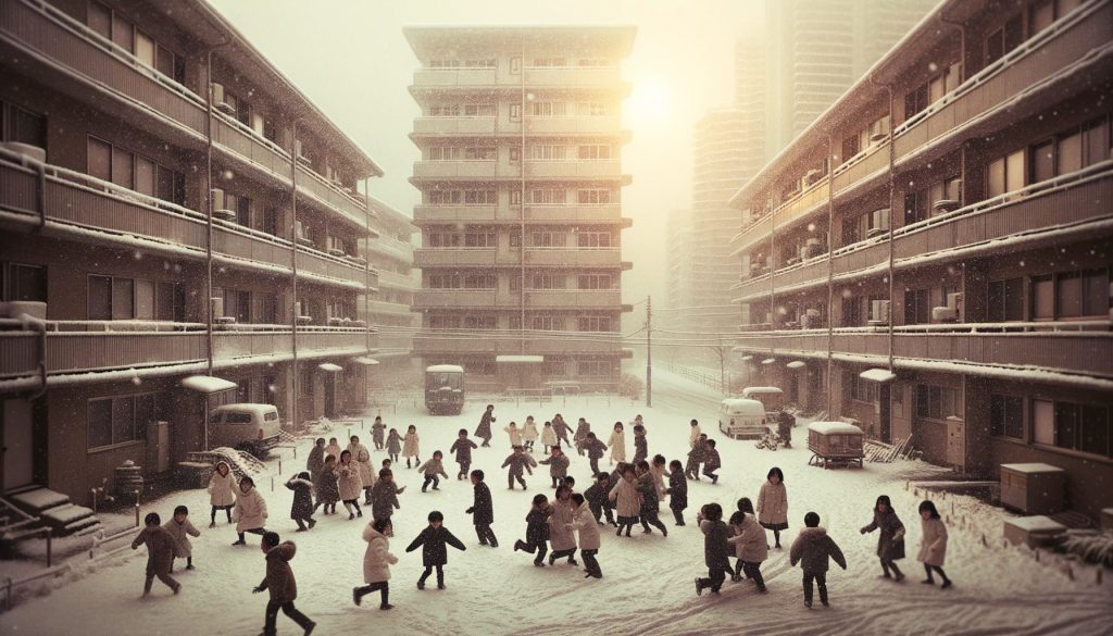 Vintage photo style. Tokyo outskirts from half a century ago. An apartment structure that reflects the architecture of that time period. Morning scene where elementary school children are excitedly playing in the deeper 30cm snow, making their movement somewhat difficult. The focus is closer to capture the happy expressions on their faces. In the distance, light breaks through as the snowfall stops. The school bell is about to ring. Frame with 16:9 ratio.