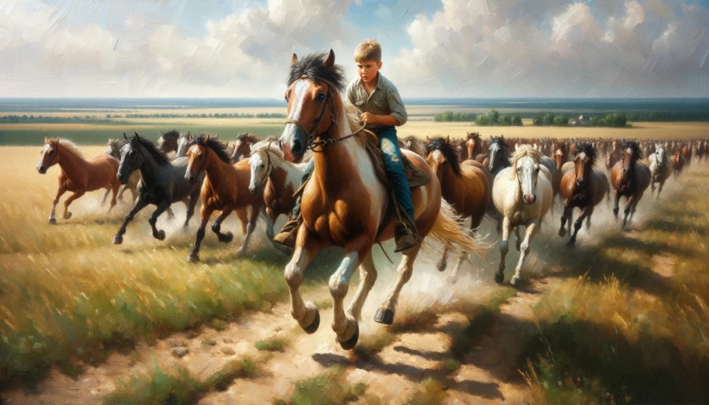 Oil painting style of a close-up view of a young boy earnestly riding a horse across European plains. He is accompanied by about 10 other horses running alongside him. The season is summer and it's daytime, with the sun shining intensely. The aspect ratio is 16:9.