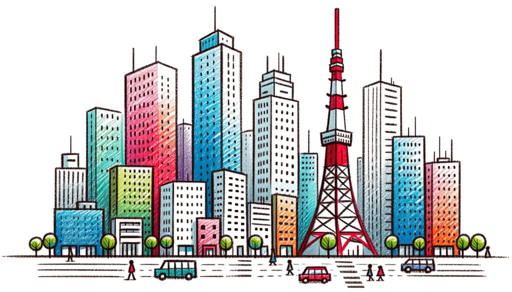 16:9 childlike colored pencil sketch of Tokyo, as if a young child drew it in a very basic manner. Few tall rectangles for buildings, a stick-like representation of Tokyo Tower, and simple dots and lines for pedestrians and vehicles.