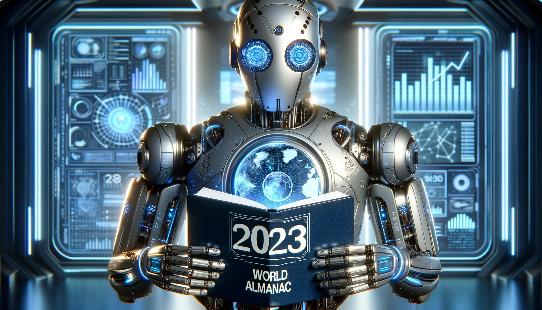 A futuristic AI robot holding the 2023 World Almanac with pride. The robot is designed with a sleek, modern appearance, featuring a metallic sheen with hints of blue and white LED lights accenting its joints and panels. On the robot's chest, there is an emblem with the word 'Turbo' written in a bold, futuristic font. The background shows a tech-inspired interior, with digital screens and holograms depicting various data charts, symbolizing the wealth of knowledge contained within the almanac. The aspect ratio of the image is 16:9.