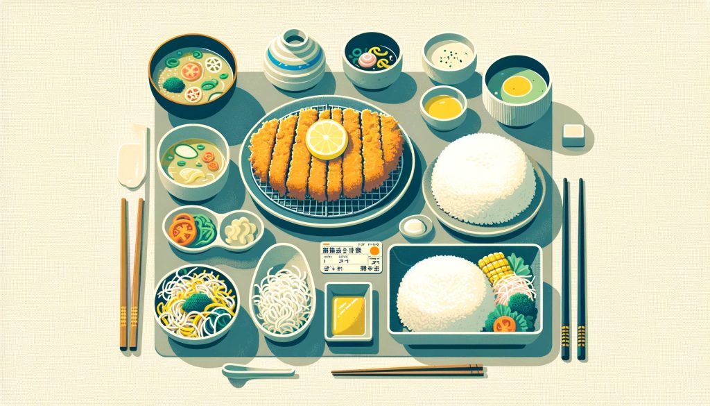 A flat illustration in a 16:9 aspect ratio depicting a Japanese meal set. The meal consists of a large, crispy breaded pork cutlet (tonkatsu) with a lemon wedge on top, accompanied by a mound of finely shredded cabbage on a plate. Next to it, a bowl of steamed white rice, a small dish with pickled vegetables, a salad with shredded vegetables and corn, and a miso soup bowl with a lid. Include chopsticks and a train pass on the table, embodying a typical Japanese dining scene, with a subtle color palette and a clean, modern aesthetic.