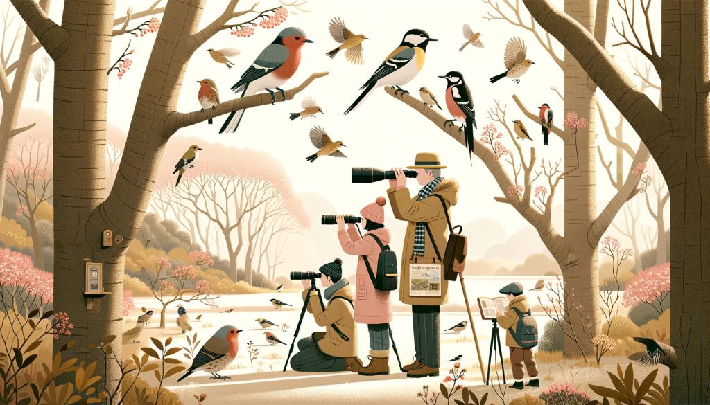 Illustrate a tranquil birdwatching scene in Sagamihara, showcasing a family with binoculars and a guidebook, surrounded by trees without leaves and several birds like woodpeckers, robins, and tits. The family is engrossed in observing the birds, capturing the essence of early spring before the trees bloom. The scene is set in a wide aspect ratio, using soft, muted color tones to convey a calm, focused atmosphere suitable for a blog about nature and technology, without a white border.