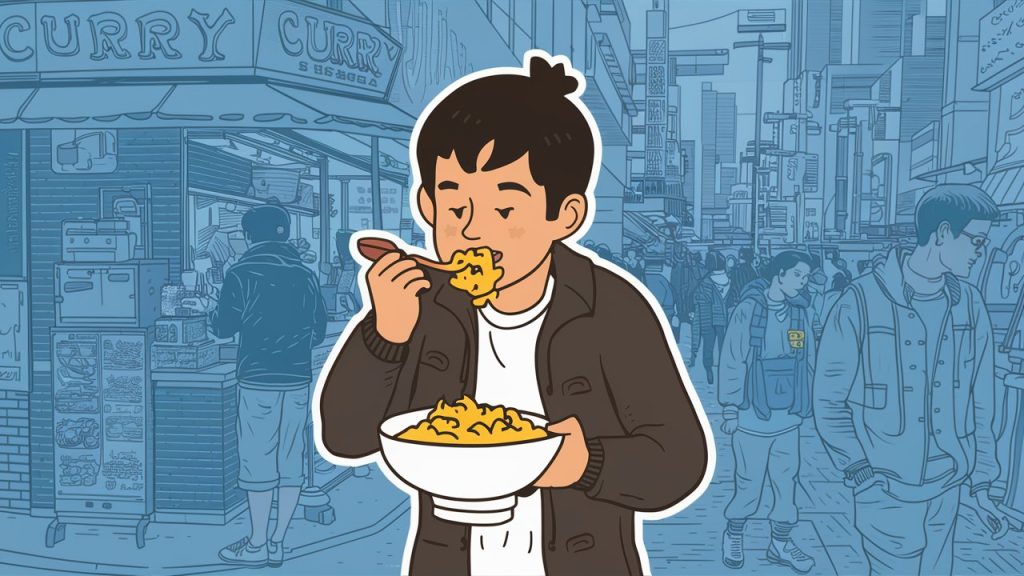 A Japanese student eating curry rice at a curry stand in Shinjuku, capturing a 1990s nostalgia vibe. The setting is detailed to reflect the bustling urban environment typical of Shinjuku. The student is dressed in a typical 1990s Japanese fashion, contributing to the nostalgic feel. The illustration is designed in a flat, simple style with soft, muted color tones.