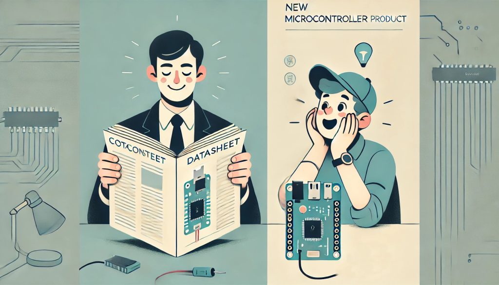 A flat, minimalist illustration featuring a new microcontroller product. The image is split diagonally, with one side showing a corporate engineer and the other side showing a middle school student who loves electronics. The corporate engineer is depicted in a calm, professional manner, studying an extremely thick datasheet, resembling a phone book, while the microcontroller board sits in the corner. On the other side, the middle school student, full of excitement, is seen eagerly connecting a battery and LED to the microcontroller. The overall style is simple and uses soft, muted color tones, suitable for a technology-themed blog. No text in the illustration.