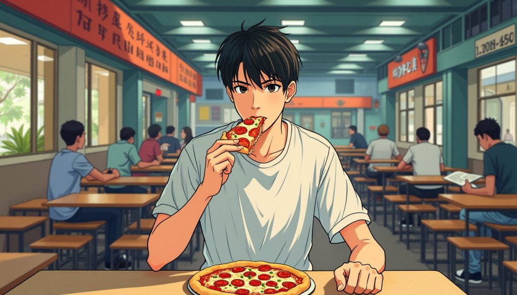 A male engineering student eating pizza at a student cafeteria. The setting captures a nostalgia vibe with a detailed, bustling urban environment typical of town. The student is dressed in a plain and unfashionable manner. The illustration is in a nostalgic style, not anime, with a rough, non-delicate feel and thick pen strokes without emphasizing edges. The color tones are flat and simple, with minimal use of gradients.