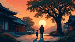 Image crafted to resemble traditional Japanese paper cutting. A countryside temple's courtyard as the sun sets. An elderly man and a young girl observe a majestic chestnut tree. Shadows dominate the scene, making it seem dreamlike. The evening's first star is on the verge of shining. If one looks closely, a faint ghostly figure can be spotted on the right side, watching the father and daughter.