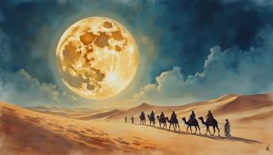 In a dreamlike watercolor scene, an expansive Arabian desert is lit by a radiant full moon. The time is night, and gusty winds sweep up swirling sands. Far off, two figures that appear to be traders trek with multiple camels in tow.