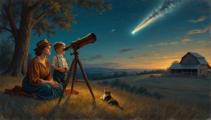 Oil painting reminiscent of the early 1900s in America. A serene countryside night where a mother and her boy are engrossed in observing Halley's Comet through a telescope. The sky above is a blanket of stars. A cat lounges nearby, enjoying the tranquility. Far off, a barn stands with a fence, hinting at livestock resting within.