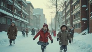 Vintage photo style. Tokyo outskirts from half a century ago. An apartment structure that reflects the architecture of that time period. Morning scene where elementary school children are excitedly playing in the deeper 30cm snow, making their movement somewhat difficult. The focus is closer to capture the happy expressions on their faces. In the distance, light breaks through as the snowfall stops. The school bell is about to ring.