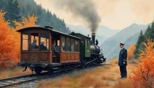 Muted watercolor depiction of rural Japan in autumn. An antique steam train journeys through the foliage-rich mountains. The observation car fills the canvas, featuring an elderly couple enjoying the scenery from a wooden deck. An older conductor in uniform stands beside them.