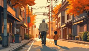 Simple illustration with orange tones capturing an 80s Japanese downtown scene without any text. A slightly drunk man in his 60s walks falteringly away, holding an alcohol bottle, with his back facing us. A mother and child, about 5 meters away, are turned away from the viewer, seemingly looking at the man with worry. The scene is set in the evening of a summer day, approximately 7 pm.