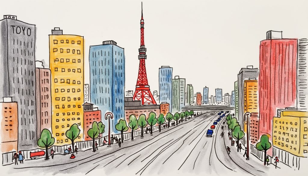 Childlike colored pencil sketch of Tokyo, as if a young child drew it in a very basic manner. Few tall rectangles for buildings, a stick-like representation of Tokyo Tower, and simple dots and lines for pedestrians and vehicles.