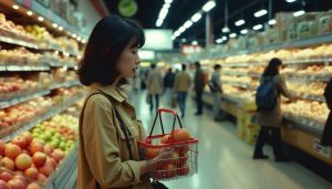 Old-fashioned photo effect without text. In a supermarket reminiscent of 1980s Japan, a lady, approximately in her 50s, with a shopping basket, is contemplating over an apple. The scene is busy with the hustle and bustle of shoppers and employees during the evening.