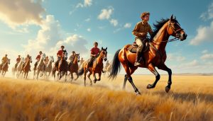 Oil painting style of a close-up view of a young boy earnestly riding a horse across European plains. He is accompanied by about 10 other horses running alongside him. The season is summer and it's daytime, with the sun shining intensely.