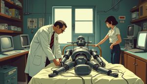 Artwork in the vein of 1970s Japanese anime with flat, faded, and somber color tones. Within a robotics lab with an ambiance of a Western factory, a veteran Japanese researcher in a white lab coat, with a look of deep concern, is working on a robot prototype reclining on a bed. The robot has a hammer in its right hand and a drill in its left, but its legs are missing. Numerous wires stretch from the robot, reaching the ceiling. The surroundings are densely filled with vintage computers and measurement tools. The lab's door is open, revealing a young woman, presumably the researcher's assistant, calling out to him.