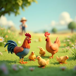 Pastel-colored 3D claymation-style illustration for children. A rooster and a hen are feeding in an open meadow. Three chicks are playing close by. A male farmer is visible in the mid-distance, slightly blurred, as he works in his field. The distant landscape of the meadow is hazily depicted.