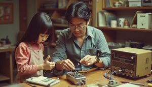 A vintage 1970s colored photograph showing a Japanese man and his daughter working together at a workbench. They are focused on building a transistor radio. Tools such as a soldering iron and an old circuit tester can be seen on the table.