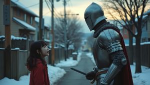 In a suburban Japanese neighborhood during a winter evening, a young girl is facing a medieval European knight in full armor. The knight, holding a sword in his right hand, appears suddenly, causing the girl to react with surprise and an attempt to flee. The girl's expression and posture convey her shock and urge to escape from this surreal encounter. The scene is set against the modern backdrop of the neighborhood, with the fading light of dusk adding to the dramatic and unexpected juxtaposition.