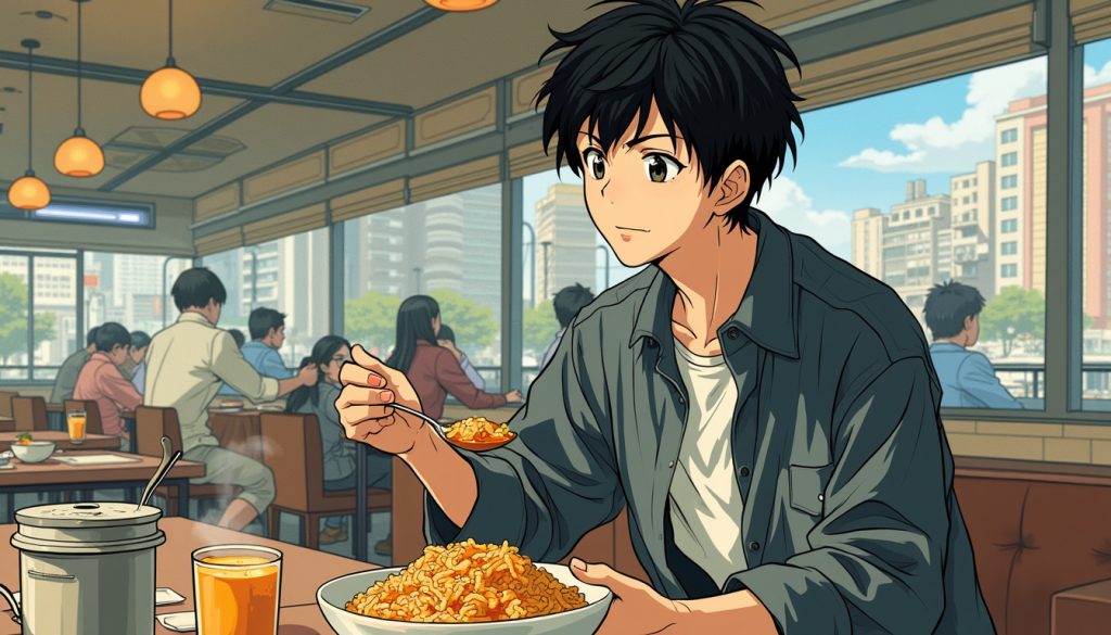 A male engineering student eating Japanese-style curry rice with rich sauce using a spoon at a student cafeteria in Shinjuku. The setting captures a 1990s nostalgia vibe with a detailed, bustling urban environment typical of Shinjuku. The student is dressed in a plain and unfashionable manner, reflecting typical 1990s Japanese fashion. The illustration is in a nostalgic style, not anime, with a rough, non-delicate feel and thick pen strokes without emphasizing edges. The color tones are flat and simple, with minimal use of gradients.