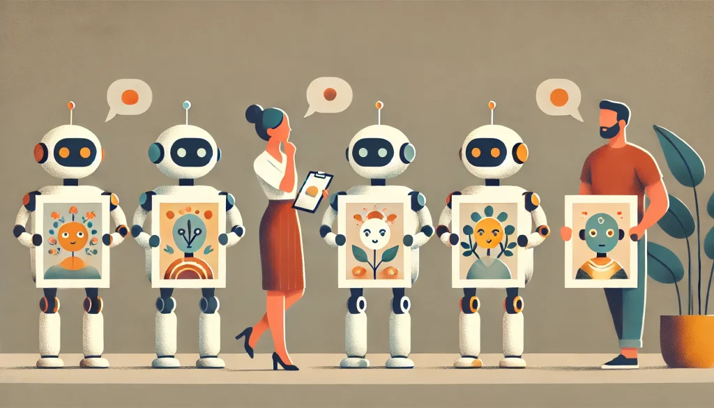 A minimalist, flat illustration of a scene where a technology blog writer is interviewing three illustration-making robots. Each robot has a sleek, high-tech appearance but with warm, friendly characteristics. The first robot has a soft, rounded design, the second has a humanoid appearance with expressive features, and the third has a whimsical and artistic look. Each robot is holding an illustration it has created, showcasing warm, inviting colors and themes. The blog writer is thoughtfully deciding which illustration to choose. The background is simple, with muted, soft colors to maintain a calm and warm atmosphere.