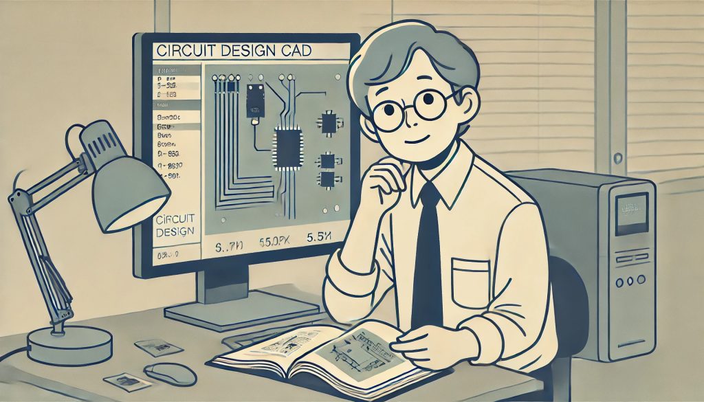 A minimalist, flat-style illustration of an older Japanese software engineer with a curious expression, studying circuit design CAD on a desktop Windows PC with a large display. The engineer is holding a very thick manual in one hand while working on the computer. On the screen, there is a relatively simple circuit diagram and a printed circuit board layout displayed. The scene is calm and focused, with soft, muted color tones. The workspace is simple, with some electronic components and tools scattered around. The background is clean and uncluttered, reflecting a peaceful atmosphere ideal for learning and concentration.