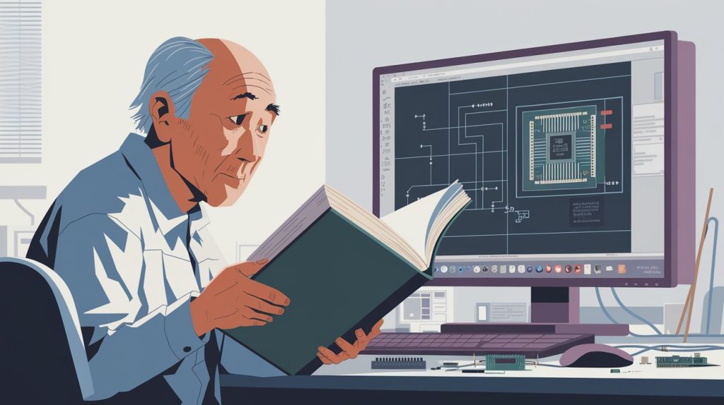 A minimalist, flat-style illustration of an older Japanese software engineer with a curious expression, studying circuit design CAD on a desktop Windows PC with a large display. The engineer is holding a very thick manual in one hand while working on the computer. On the screen, there is a relatively simple circuit diagram and a printed circuit board layout displayed. The scene is calm and focused, with soft, muted color tones. The workspace is simple, with some electronic components and tools scattered around. The background is clean and uncluttered, reflecting a peaceful atmosphere ideal for learning and concentration.