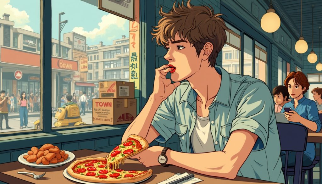 A male engineering student eating pizza at a student cafeteria. The setting captures a nostalgia vibe with a detailed, bustling urban environment typical of town. The student is dressed in a plain and unfashionable manner. The illustration is in a nostalgic style, with a rough, non-delicate feel and thick pen strokes without emphasizing edges. The color tones are flat and simple, with minimal use of gradients.