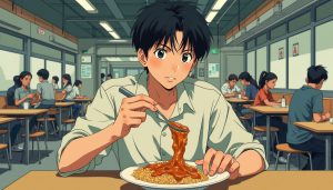 A male engineering student eating curry rice with rich sauce using a spoon at a student cafeteria. The setting captures a 1990s nostalgia vibe with a detailed, bustling urban environment typical of town. The student is dressed in a plain and unfashionable manner. The illustration is in a nostalgic style, not anime, with a rough, non-delicate feel and thick pen strokes without emphasizing edges. The color tones are flat and simple, with minimal use of gradients.