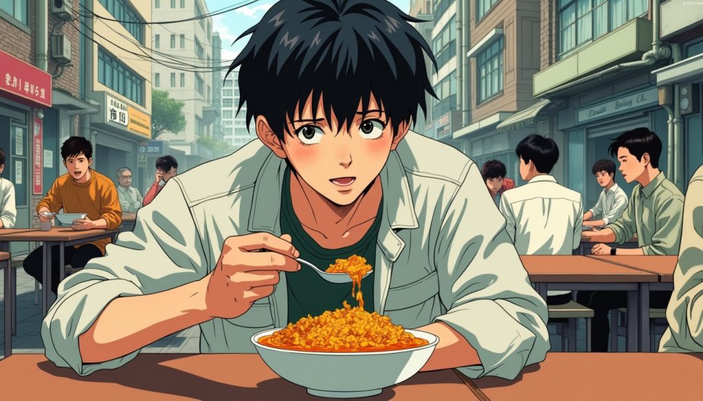 1344x768 A male engineering student eating curry rice with rich sauce using a spoon at a student cafeteria. The setting captures a 1990s nostalgia vibe with a detailed, bustling urban environment typical of town. The student is dressed in a plain and unfashionable manner, reflecting typical 1990s fashion. The illustration is in a nostalgic style, not anime, with a rough, non-delicate feel and thick pen strokes without emphasizing edges. The color tones are flat and simple, with minimal use of gradients.