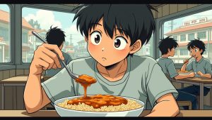 A male engineering student eating curry rice with rich sauce using a spoon at a student cafeteria. The setting captures a nostalgia vibe with a detailed, bustling urban environment typical of town. The student is dressed in a plain and unfashionable manner. The illustration is in a nostalgic style, not anime, with a rough, non-delicate feel and thick pen strokes without emphasizing edges. The color tones are flat and simple, with minimal use of gradients.