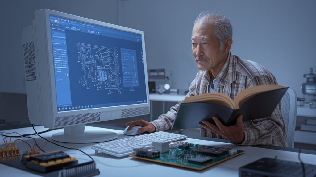 Realistic photo of an older Japanese software engineer with a curious expression, studying circuit design CAD on a desktop Windows PC with a large display. The engineer is holding a very thick manual in one hand while working on the computer. On the screen, there is a relatively simple circuit diagram and a printed circuit board layout displayed. The scene is calm and focused, with soft, muted color tones. The workspace is simple, with some electronic components and tools scattered around. The background is clean and uncluttered, reflecting a peaceful atmosphere ideal for learning and concentration.