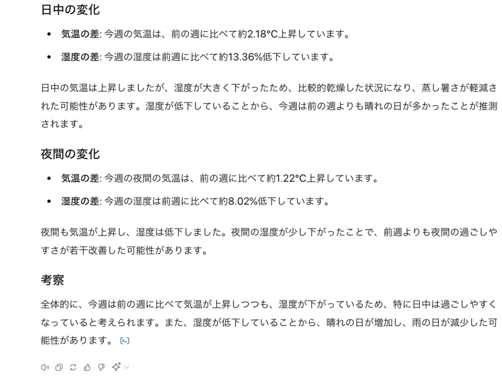 日中の変化 気温の差: 今週の気温は、前の週に比べて約2.18°C上昇しています。 湿度の差: 今週の湿度は前週に比べて約13.36%低下しています。 日中の気温は上昇しましたが、湿度が大きく下がったため、比較的乾燥した状況になり、蒸し暑さが軽減された可能性があります。湿度が低下していることから、今週は前の週よりも晴れの日が多かったことが推測されます。 夜間の変化 気温の差: 今週の夜間の気温は、前の週に比べて約1.22°C上昇しています。 湿度の差: 今週の湿度は前週に比べて約8.02%低下しています。 夜間も気温が上昇し、湿度は低下しました。夜間の湿度が少し下がったことで、前週よりも夜間の過ごしやすさが若干改善した可能性があります。 考察 全体的に、今週は前の週に比べて気温が上昇しつつも、湿度が下がっているため、特に日中は過ごしやすくなっていると考えられます。また、湿度が低下していることから、晴れの日が増加し、雨の日が減少した可能性があります。 ​