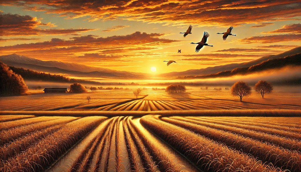 A realistic painting of a serene Japanese New Year's Day morning. The landscape features a barren winter rice field under a glowing sunrise. Cranes fly gracefully across the golden-hued sky, symbolizing New Year's blessings and prosperity. The horizon glows warmly with rich orange, pink, and gold tones, subtly enhanced with celebratory and peaceful elements. A faint morning mist adds depth and tranquility to the scene. The overall composition radiates hope and renewal, designed in a wide aspect ratio to showcase the expansive beauty of the New Year's dawn.
Illustrated by ChatGPT and DALL-E.