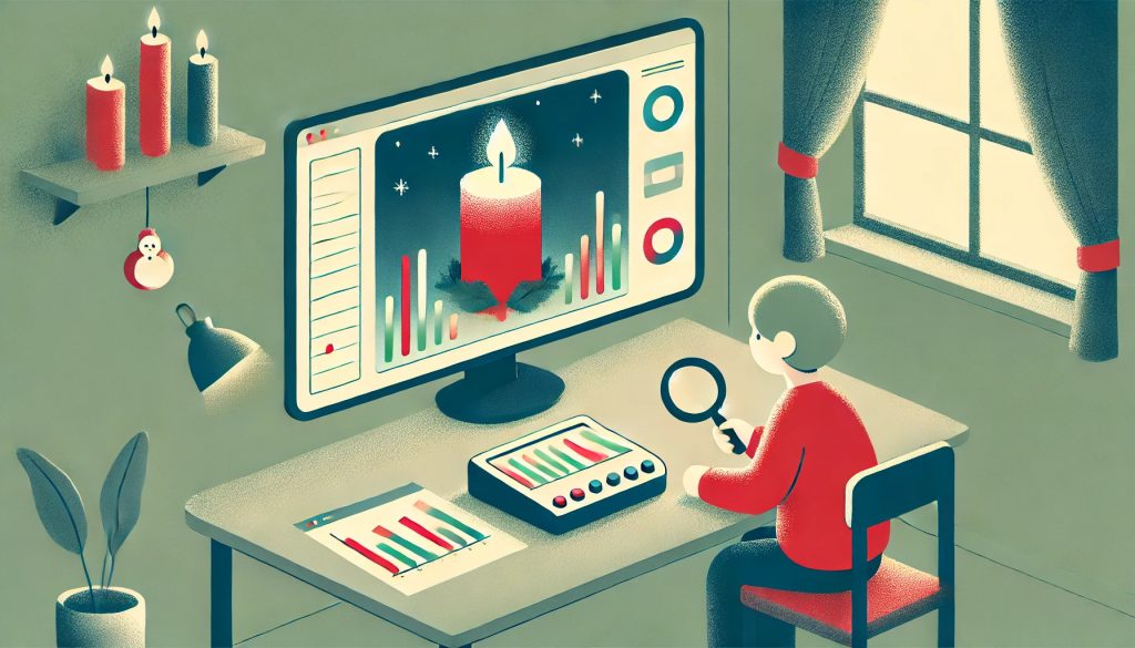 A minimalist flat-style illustration of a child sitting in front of a computer screen displaying a Christmas-themed candle with a flickering flame. The child is holding a magnifying glass, observing the flame closely. On the desk, there is a measuring device with moving red, green, and blue bar graphs. The child appears to be printing measurement results onto paper. The setting is cozy, with soft, muted color tones, emphasizing a calm and focused technological atmosphere. Illustrated by ChatGPT and DALL-E.